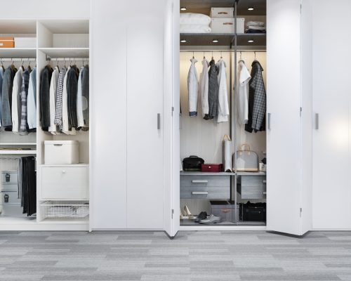 3d rendering minimal scandinavian wood walk in closet with wardrobe